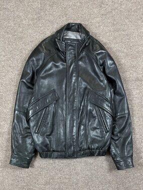 Vintage Black Genuine Leather Bomber Jacket Men’s Large Funnel Neck Elbow Patch